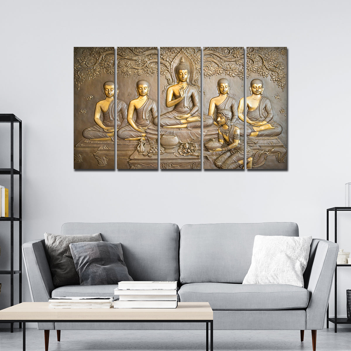 Lord Buddha in Temple Beautiful 5 Pieces Wall Painting