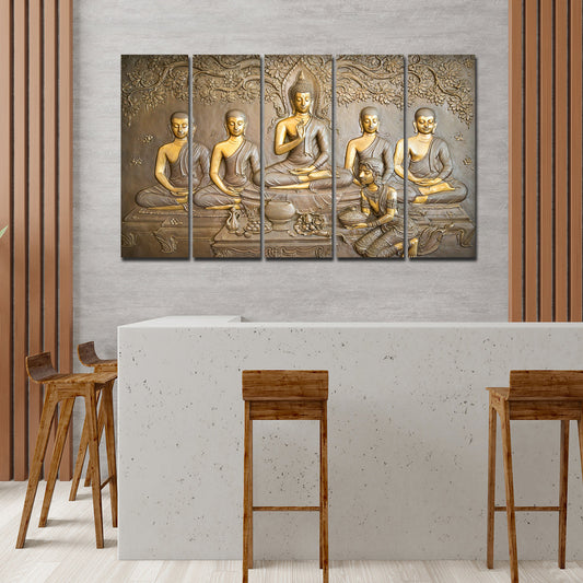 Lord Buddha in Temple Beautiful 5 Pieces Wall Painting