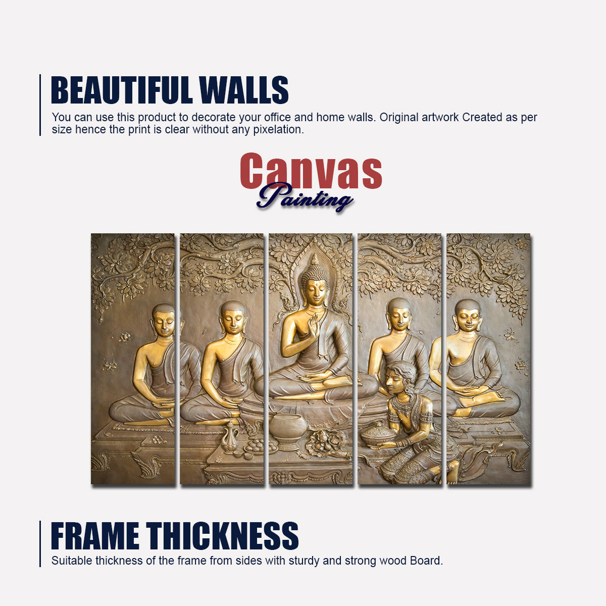 Lord Buddha in Temple Beautiful 5 Pieces Wall Painting