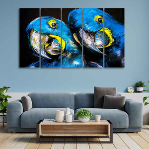 Blue Parrots Pastel Art Five Pieces Wall Painting