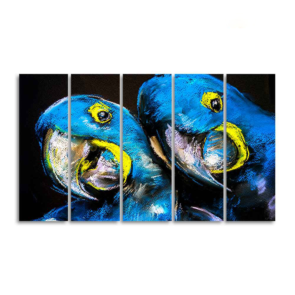 Blue Parrots Pastel Art Five Pieces Wall Painting