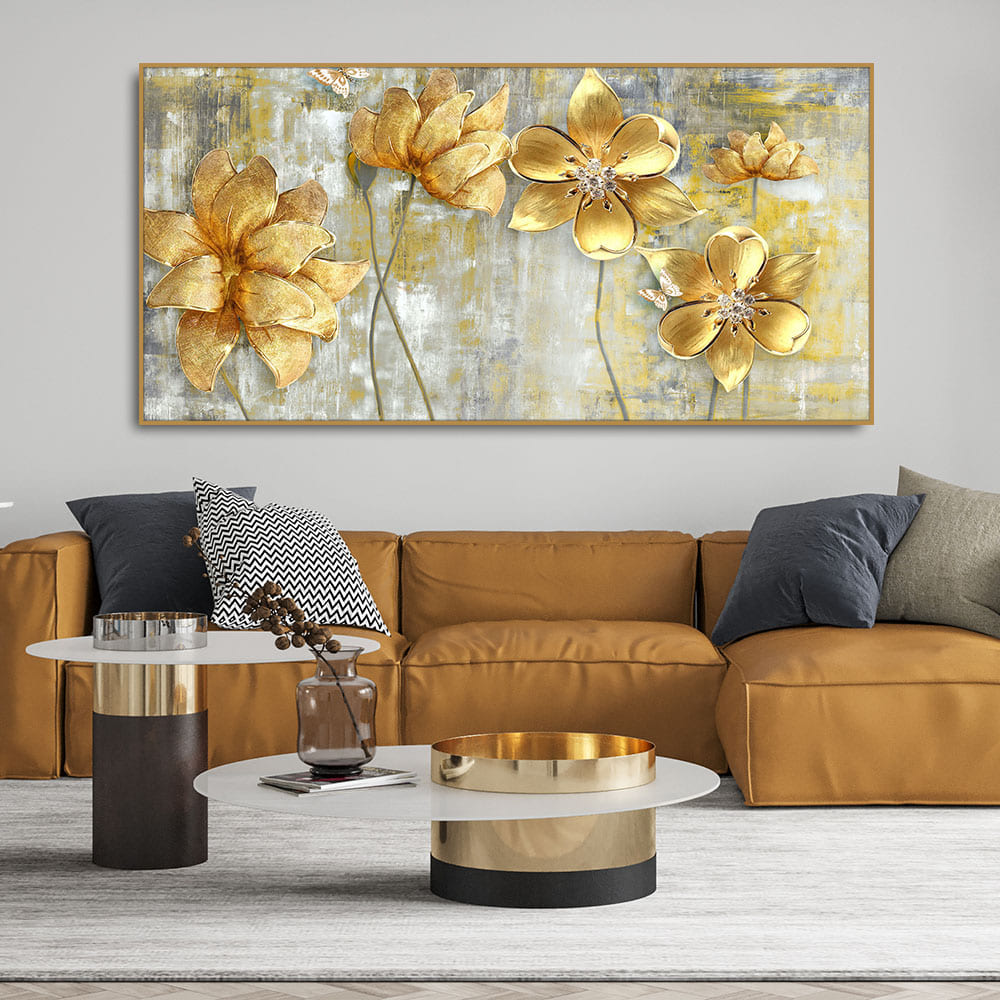 Golden Abstract Flowers Premium Wall Painting