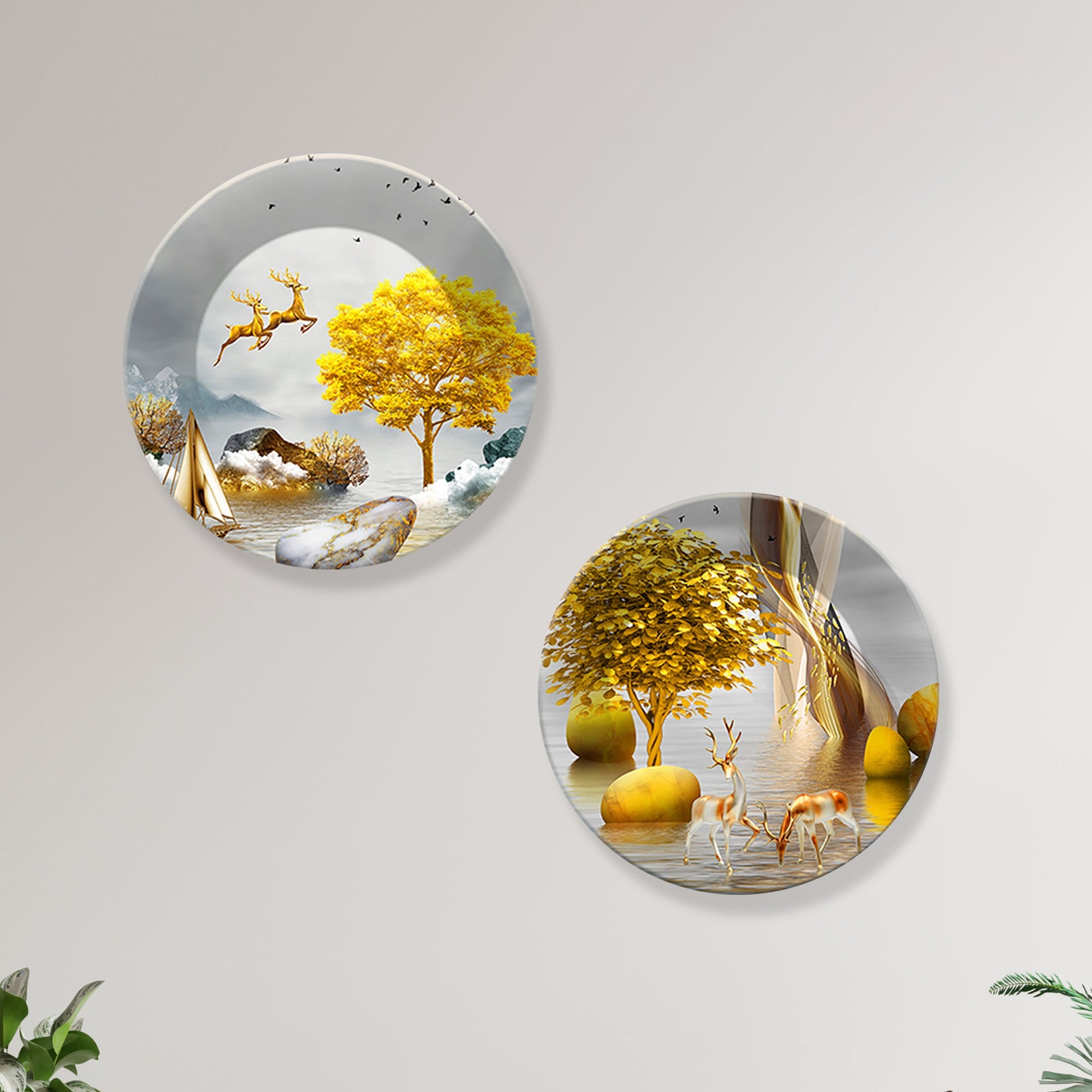 Pair of Golden Deer Ceramic Wall Hanging Plates Set of Two