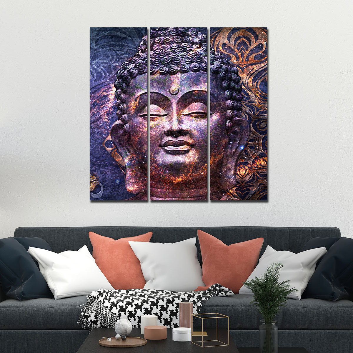 Peaceful Buddha Face Sculpture Wall Painting Three Pieces