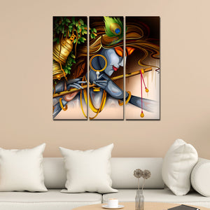 Playing Flute Krishna Canvas Wall Painting 3 Pieces Set