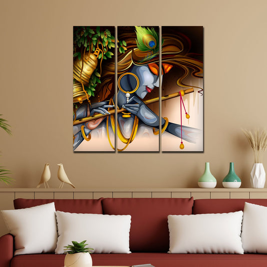 Playing Flute Krishna Canvas Wall Painting 3 Pieces Set