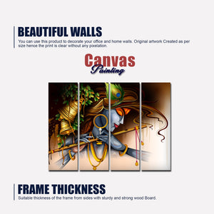 Playing Flute Krishna Canvas Wall Painting 4 Pieces Set