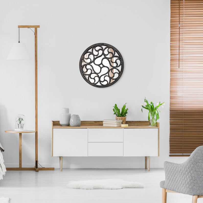 Round Decorative Wall Mirror | Artistic Swirl Wooden Frame Mirror