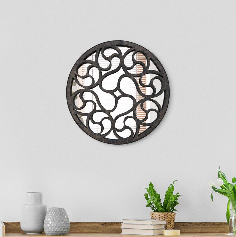 Round Decorative Wall Mirror | Artistic Swirl Wooden Frame Mirror