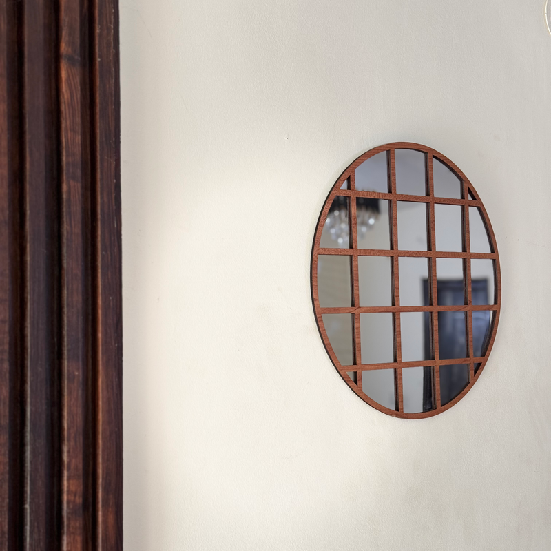 Round Grid Wall Mirror for Home Décor | Modern Wooden Frame Mirror