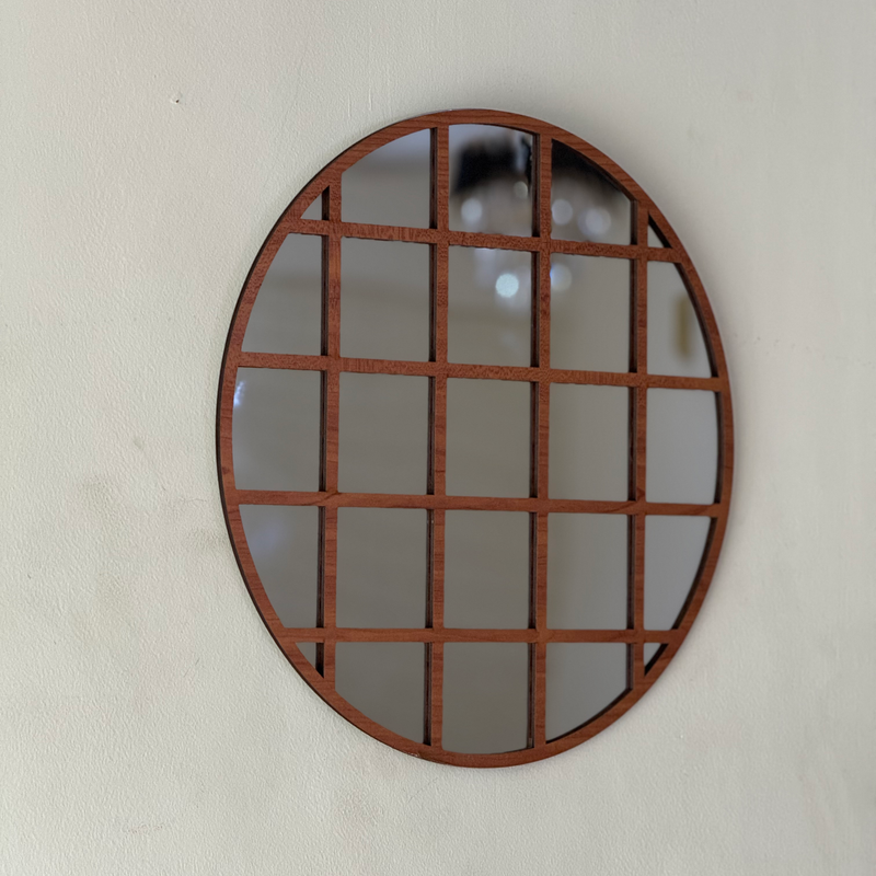 Round Grid Wall Mirror for Home Décor | Modern Wooden Frame Mirror