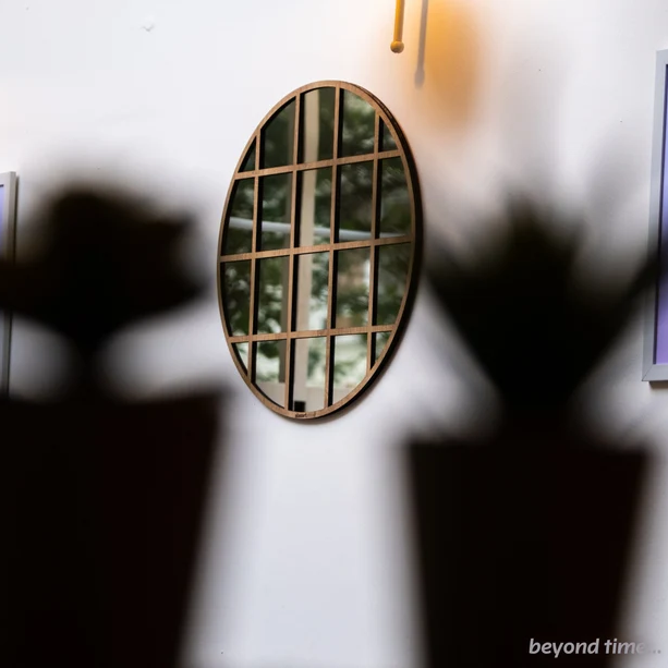 Round Grid Wall Mirror for Home Décor | Modern Wooden Frame Mirror