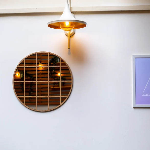 Round Grid Wall Mirror for Home Décor | Modern Wooden Frame Mirror