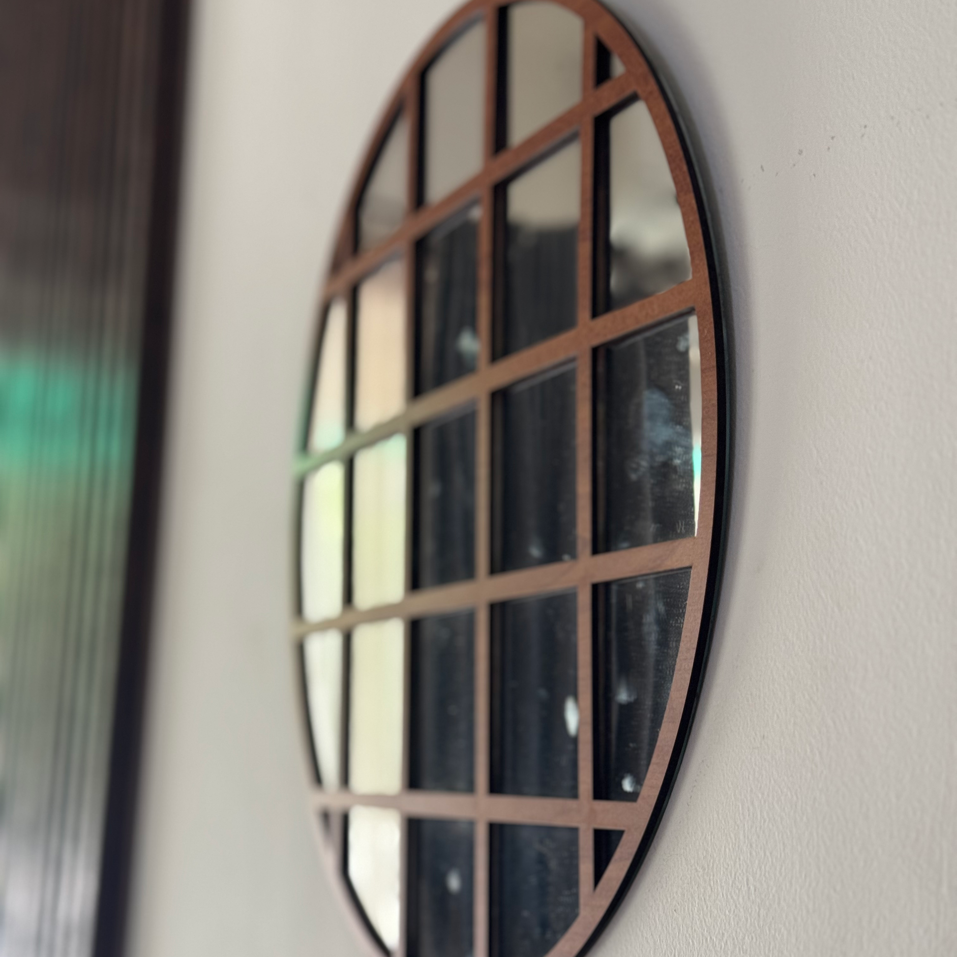 Round Grid Wall Mirror for Home Décor | Modern Wooden Frame Mirror