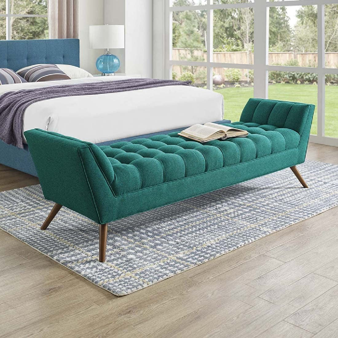 Stylish Teal Tufted Sofa Lounge Chair with Wooden Legs