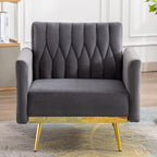 Grey Velvet Sofa Lounge Chair with Footrest and Gold Legs