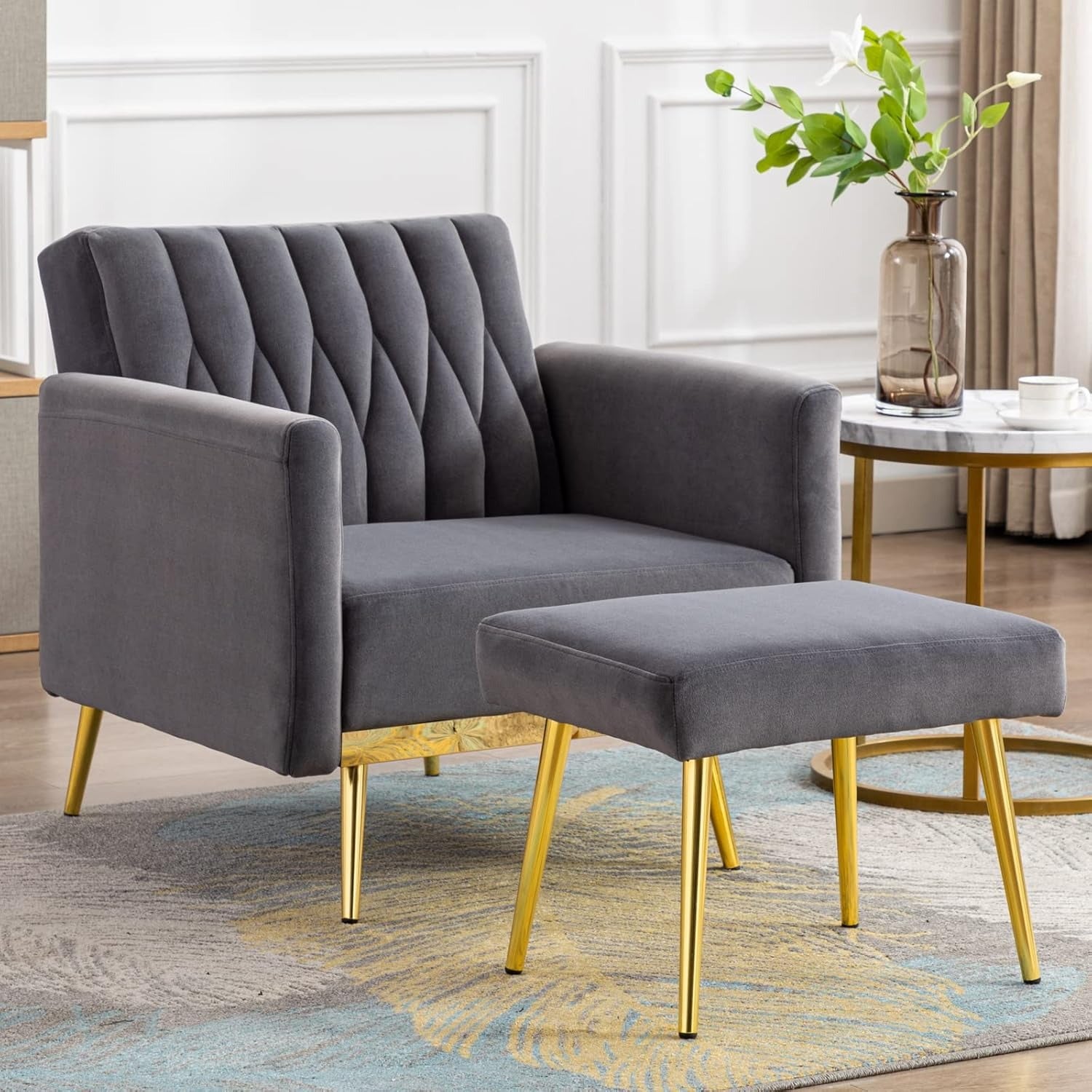 Grey Velvet Sofa Lounge Chair with Ottoman and Gold Legs