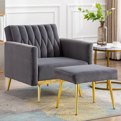 Grey Velvet Sofa Lounge Chair with Footrest and Gold Legs