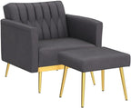 Grey Velvet Sofa Lounge Chair with Footrest and Gold Legs