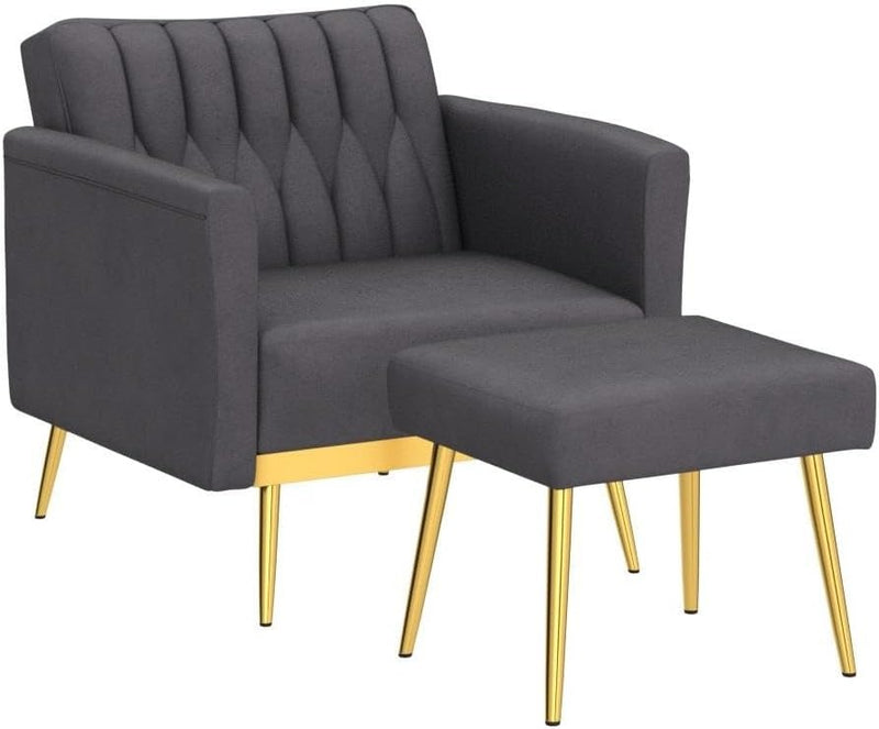 Grey Velvet Sofa Lounge Chair with Footrest and Gold Legs