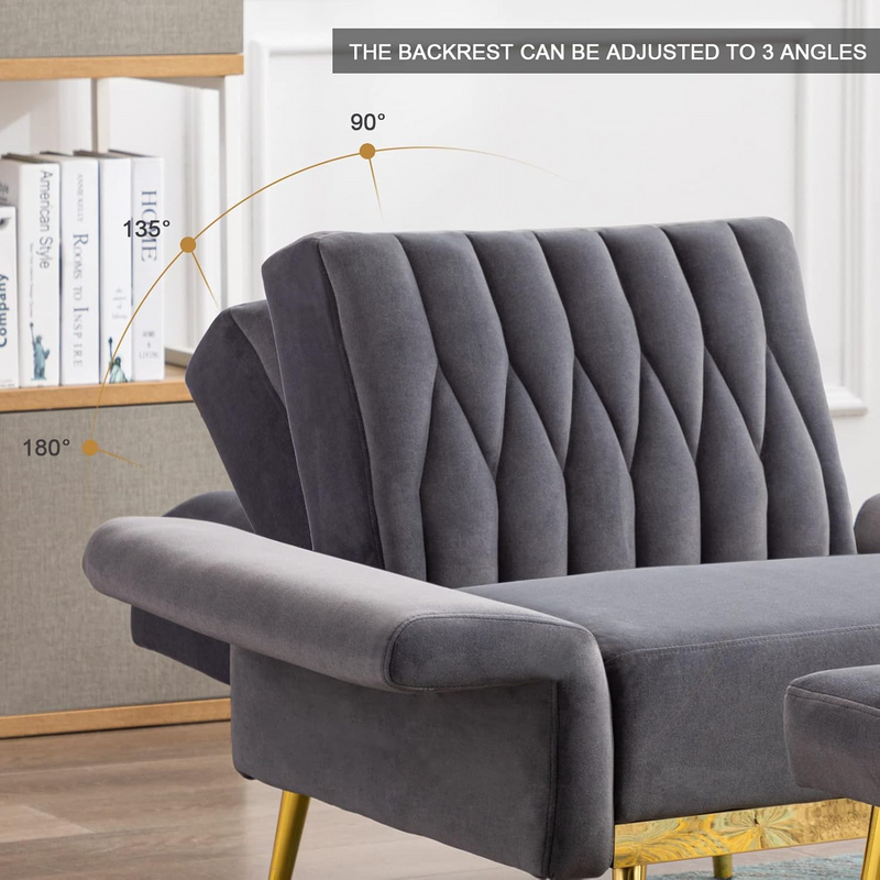 Grey Velvet Sofa Lounge Chair with Footrest and Gold Legs