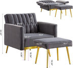 Grey Velvet Sofa Lounge Chair with Footrest and Gold Legs