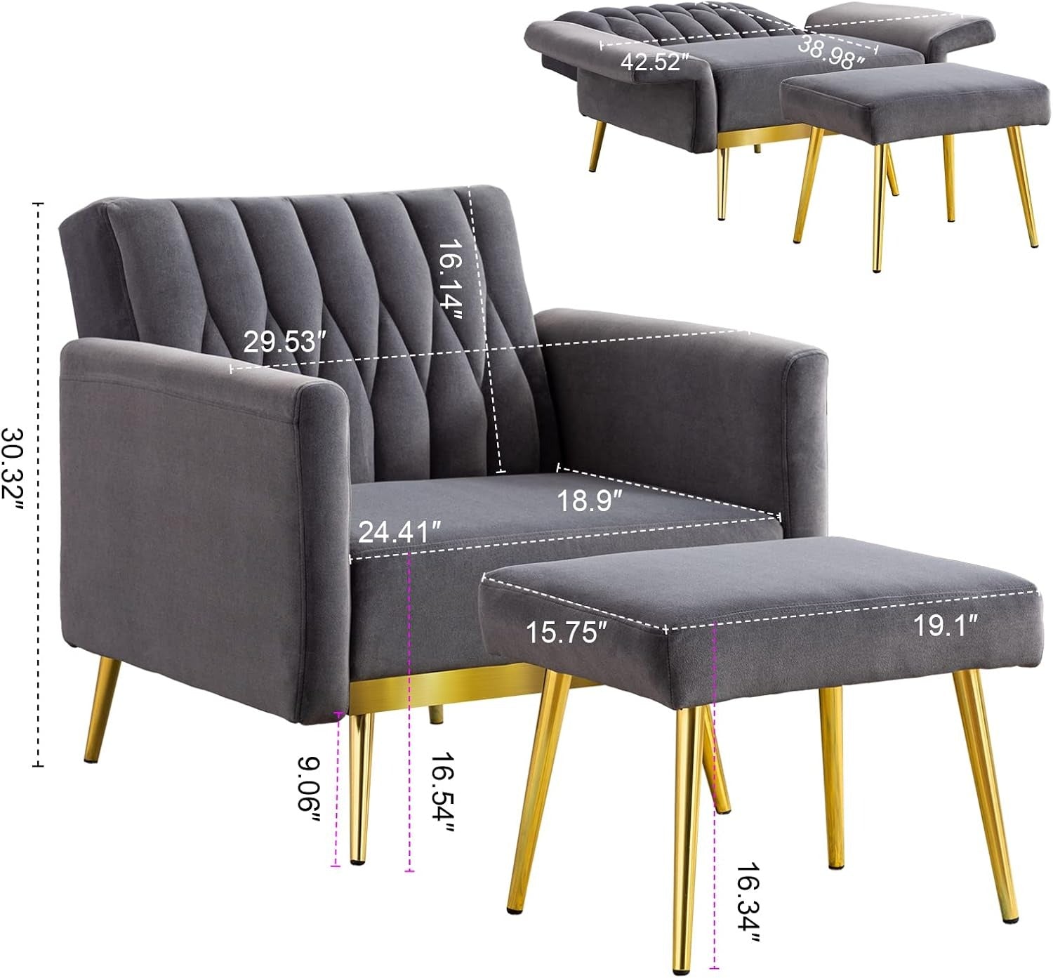 Grey Velvet Sofa Lounge Chair with Ottoman and Gold Legs