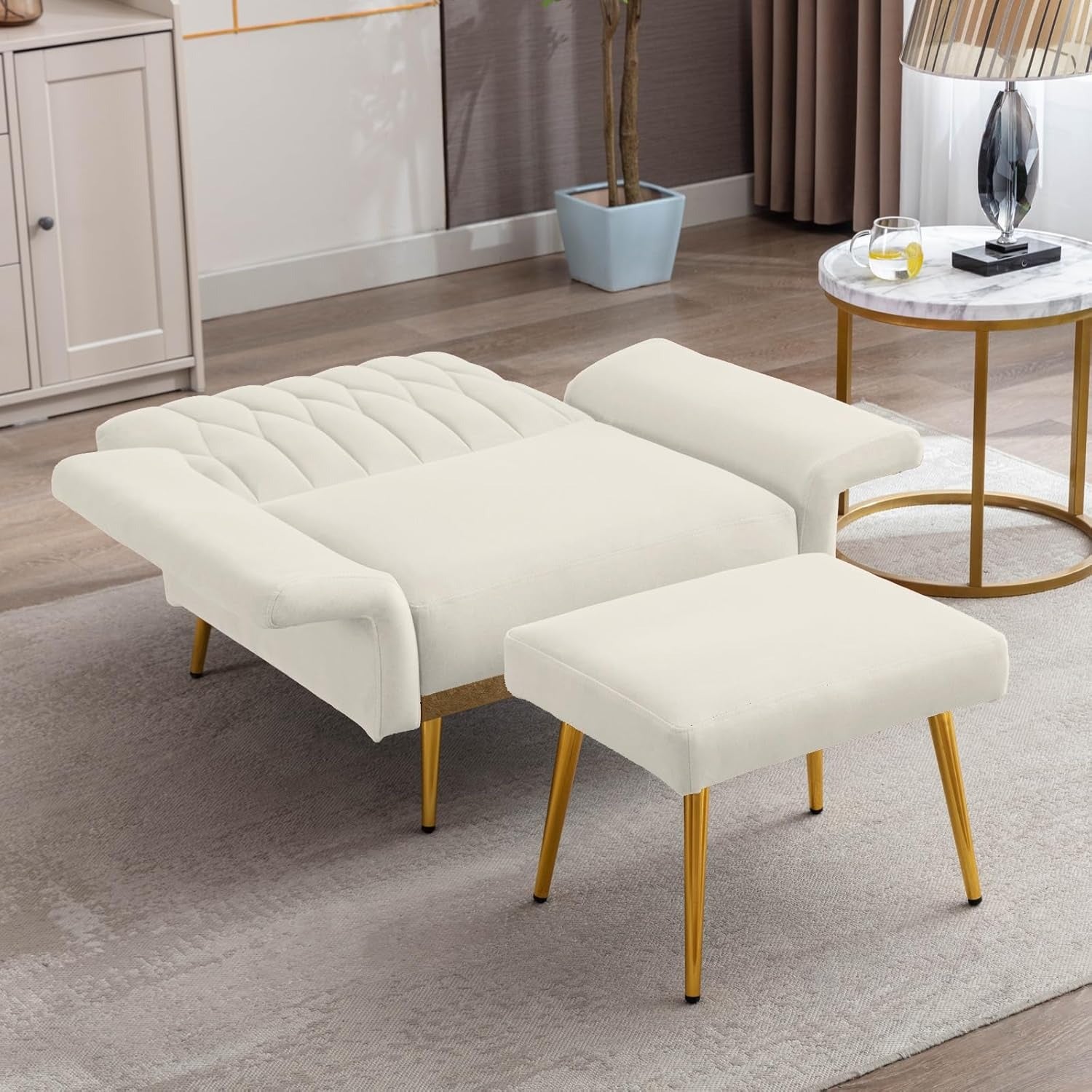White Convertible Sofa Lounge Chair with Ottoman