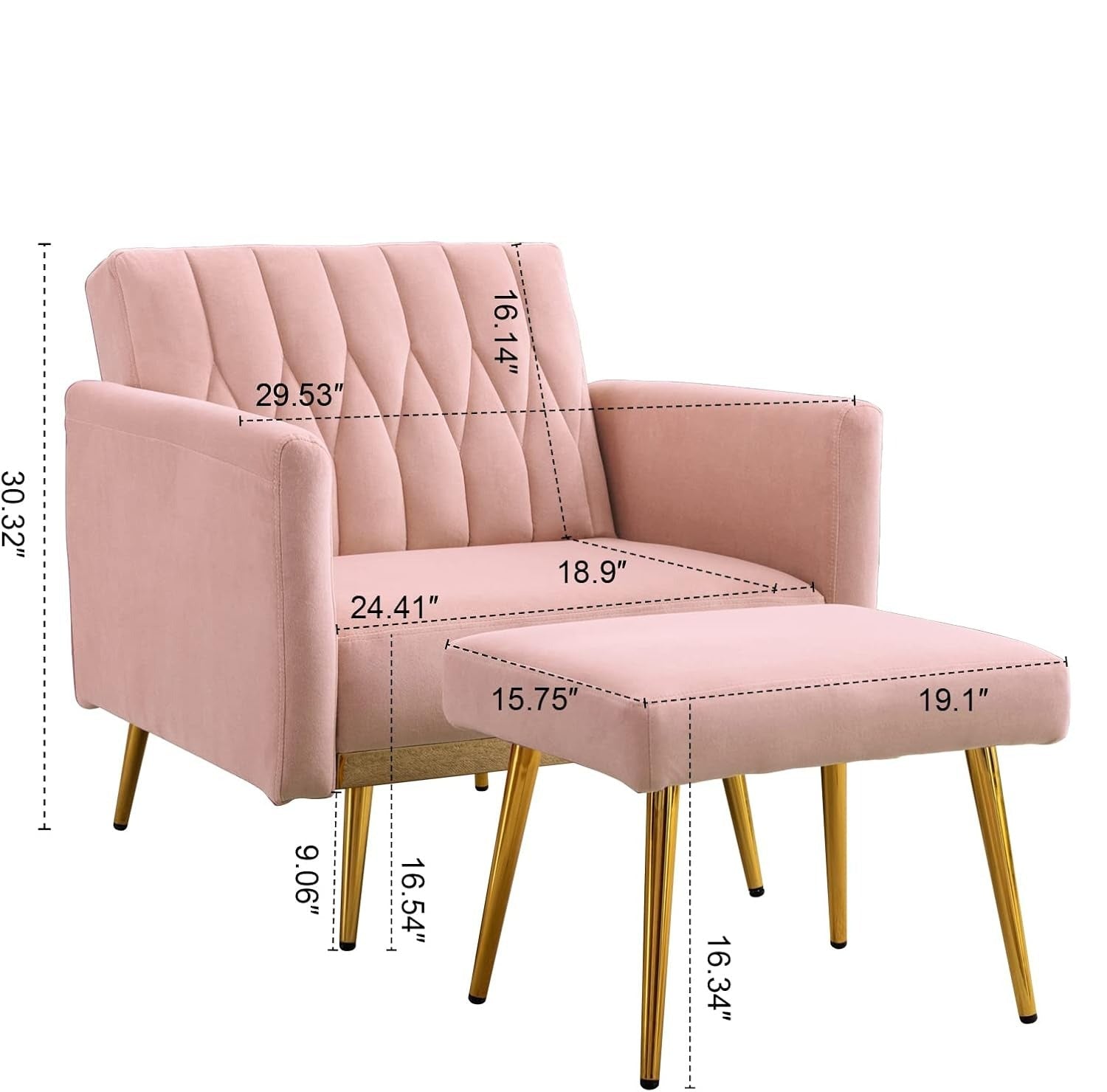 Pink Convertible Sofa Lounge Chair with Ottoman