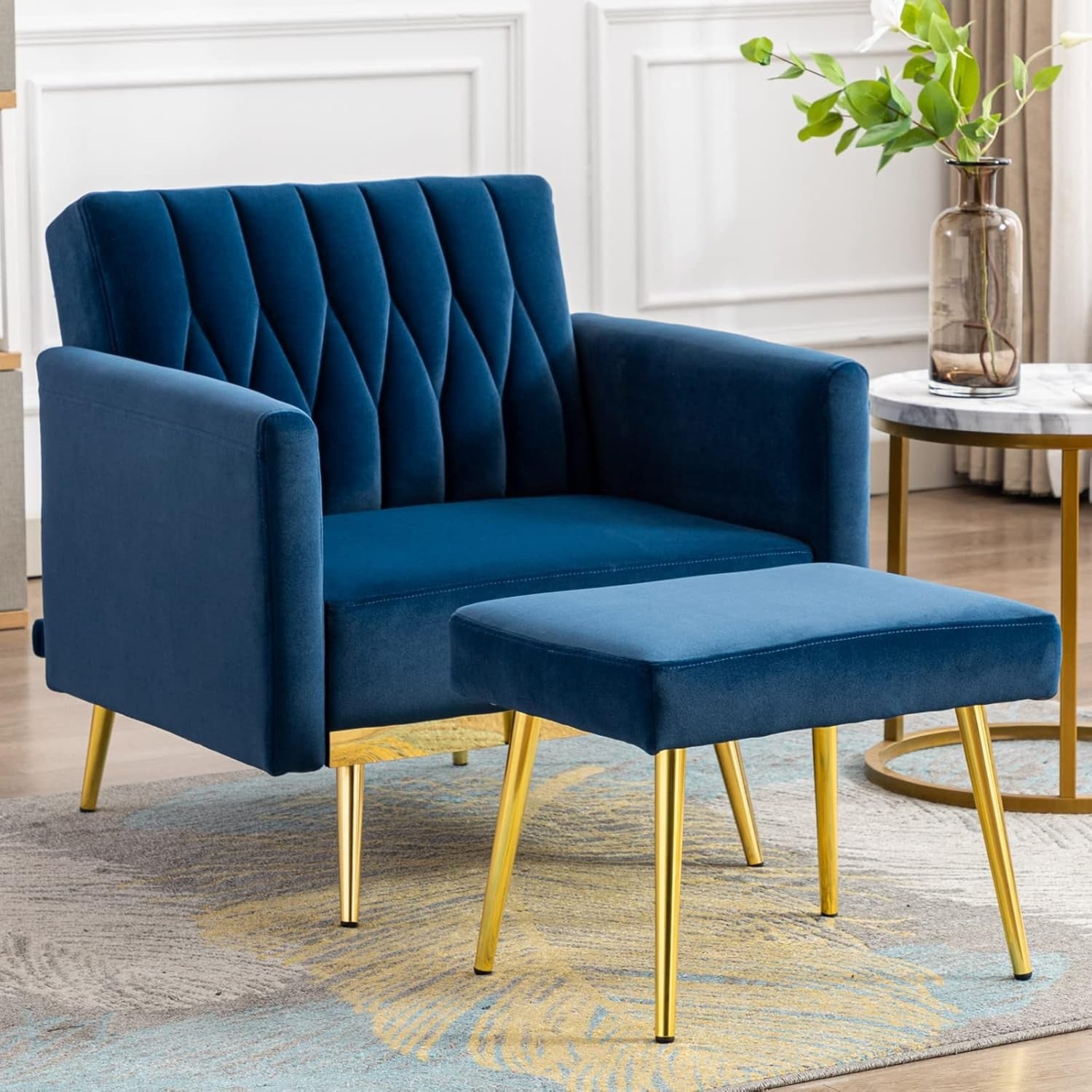 Blue Convertible Sofa Lounge Chair with Ottoman