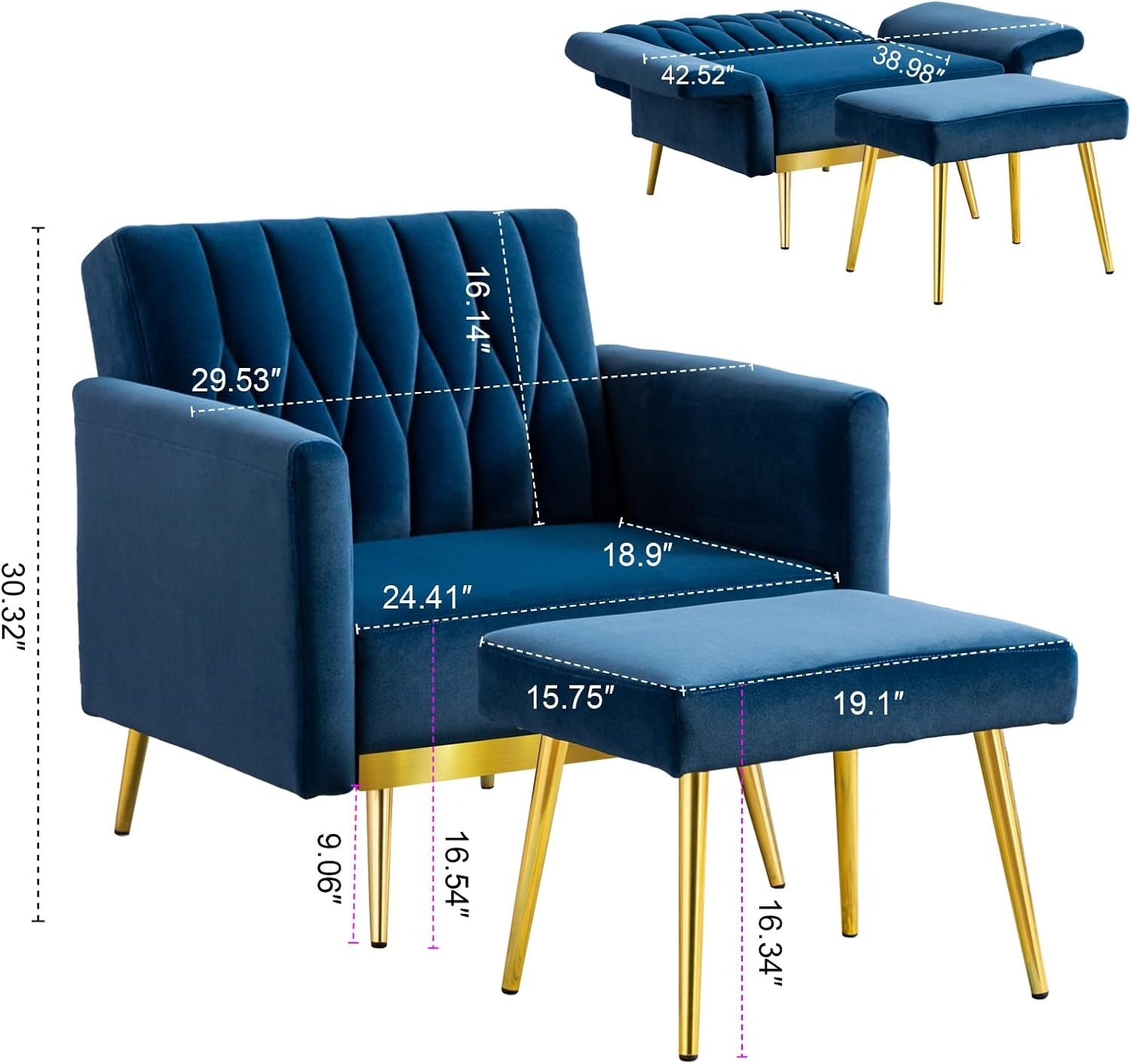 Blue Convertible Sofa Lounge Chair with Ottoman