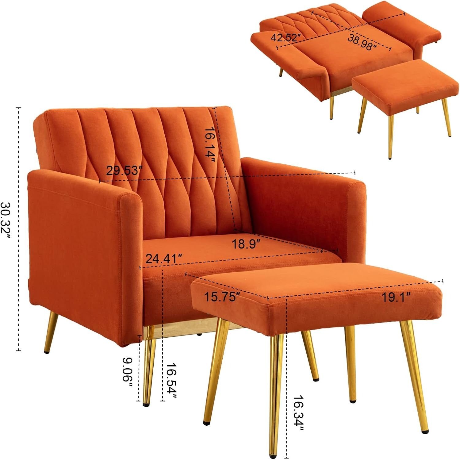 Orange Convertible Sofa Lounge Chair with Ottoman