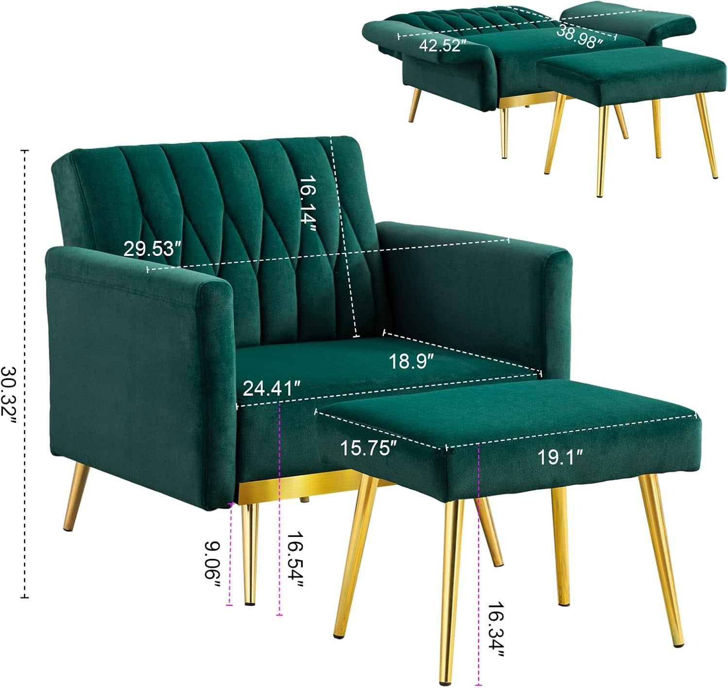 Green Convertible Sofa Lounge Chair with Ottoman