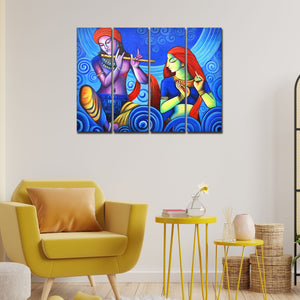 Shree Radha Krishna Flute Canvas Wall Painting 4 Panel Set