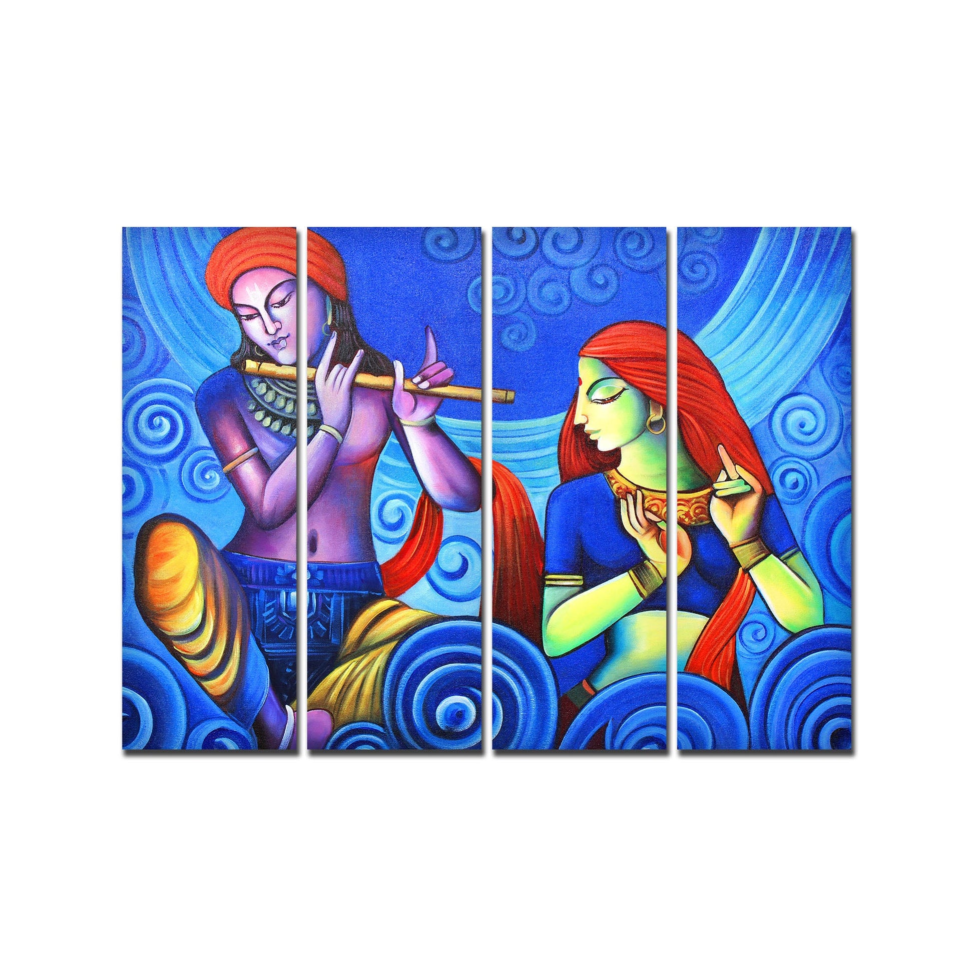 Shree Radha Krishna Flute Canvas Wall Painting 4 Panel Set