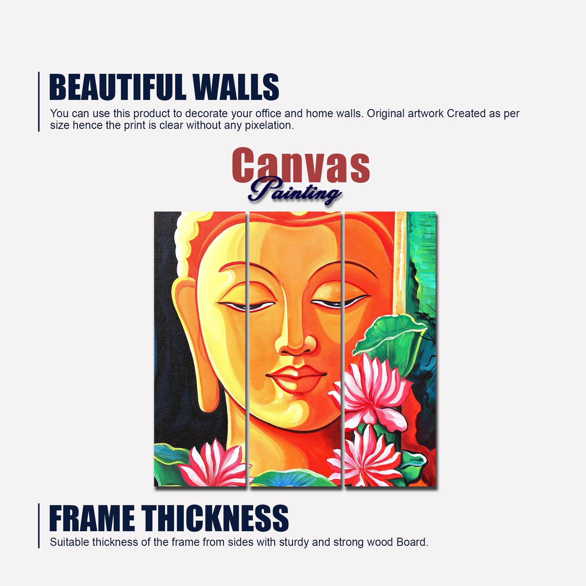 Spiritual Gautam Buddha Wall Painting of Three Pieces