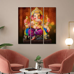 Spiritual God Ganesha Wall Painting of Three Panels