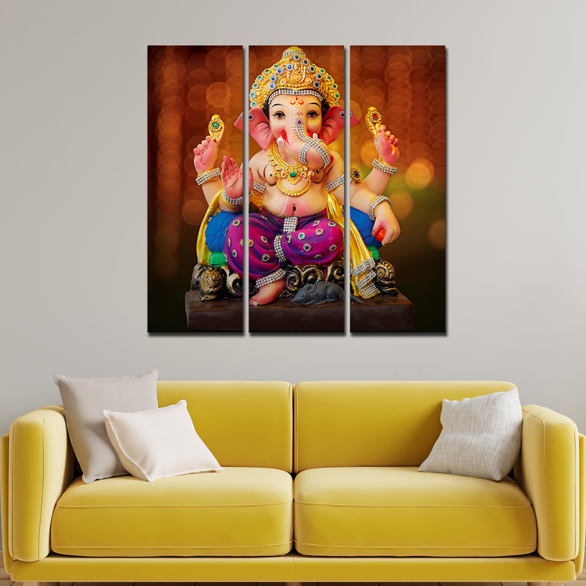 Spiritual God Ganesha Wall Painting of Three Panels