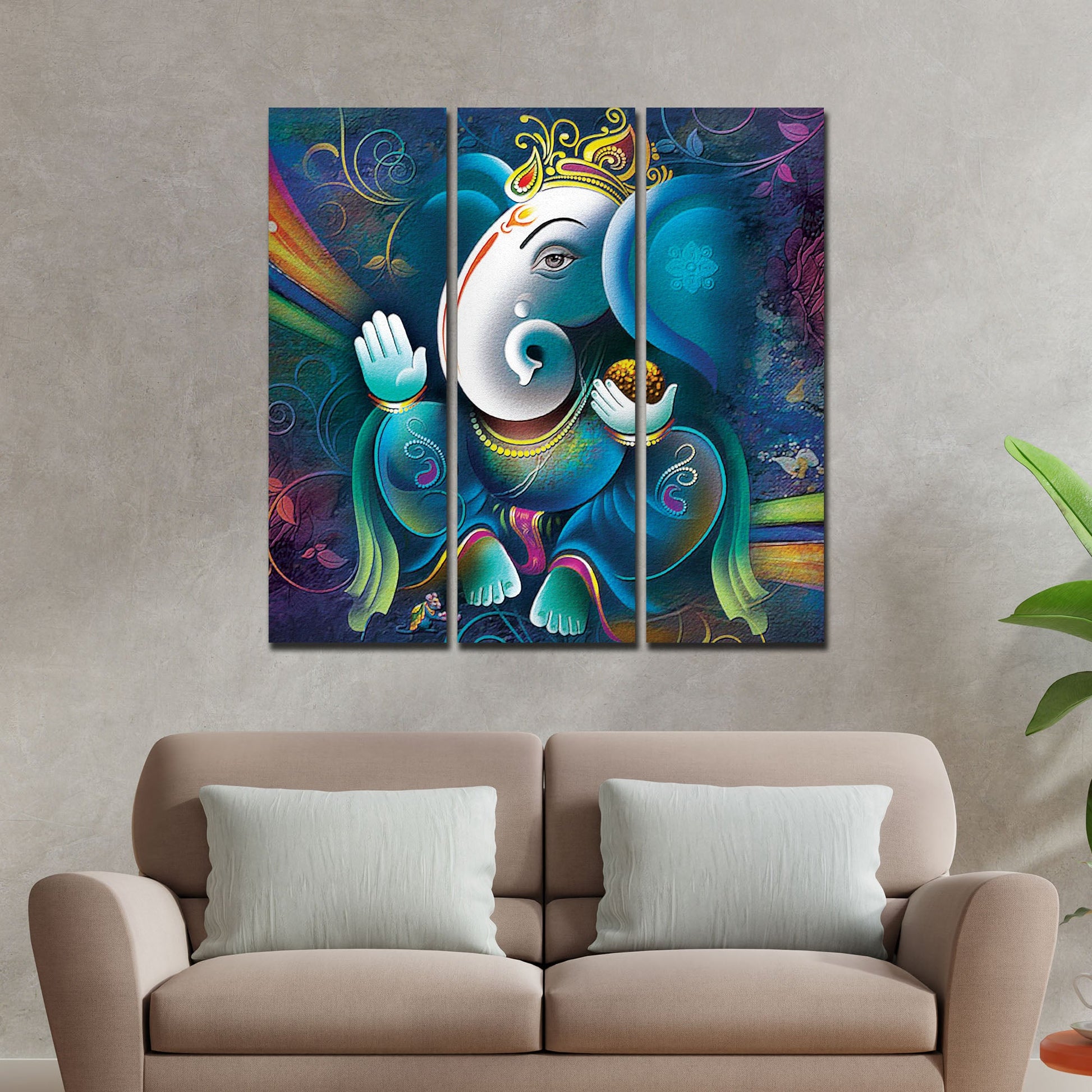 Spiritual Shri Ganesha Canvas Wall Painting of 3 Pieces