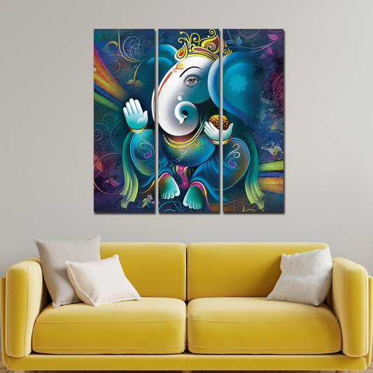 Spiritual Shri Ganesha Canvas Wall Painting of 3 Pieces