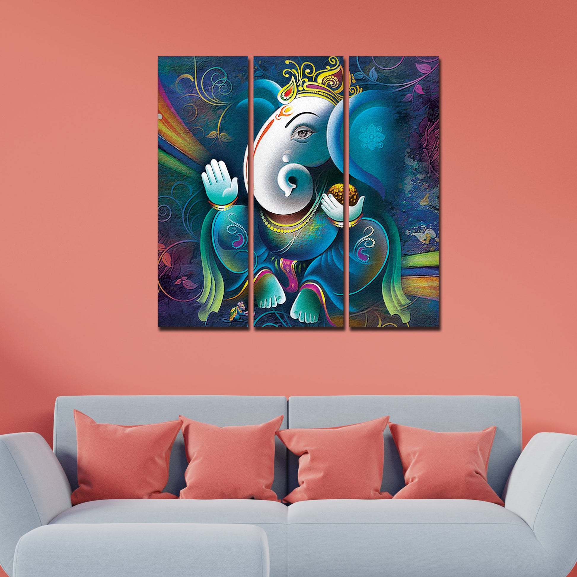 Spiritual Shri Ganesha Canvas Wall Painting of 3 Pieces