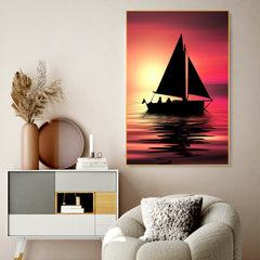 Sunset & Boat Silhouette Floating Canvas Wall Painting