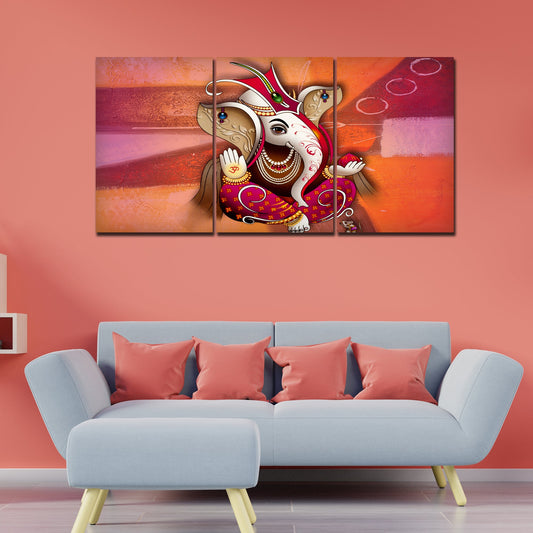 Traditional Lord Ganesh 3 Pieces Canvas Wall Painting