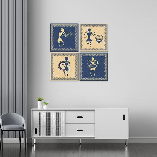 Traditional Warli Art Wall Hanging Painting, Set of 4