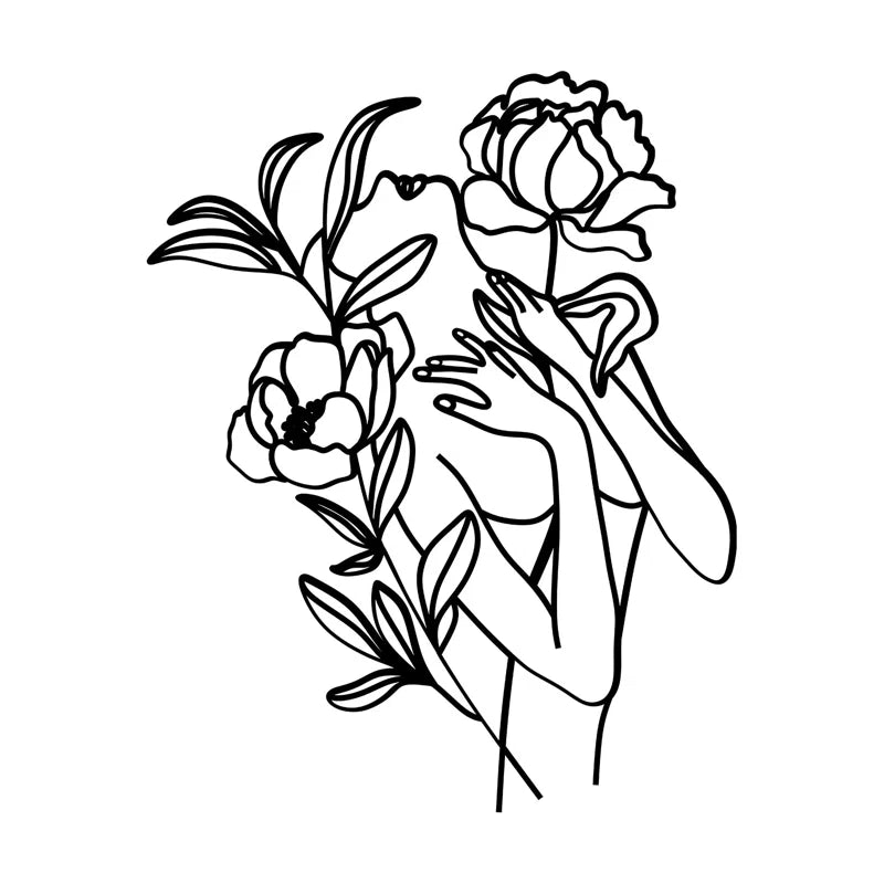 Woman With Flowers Silhouette Line Metal Art Wall Decor