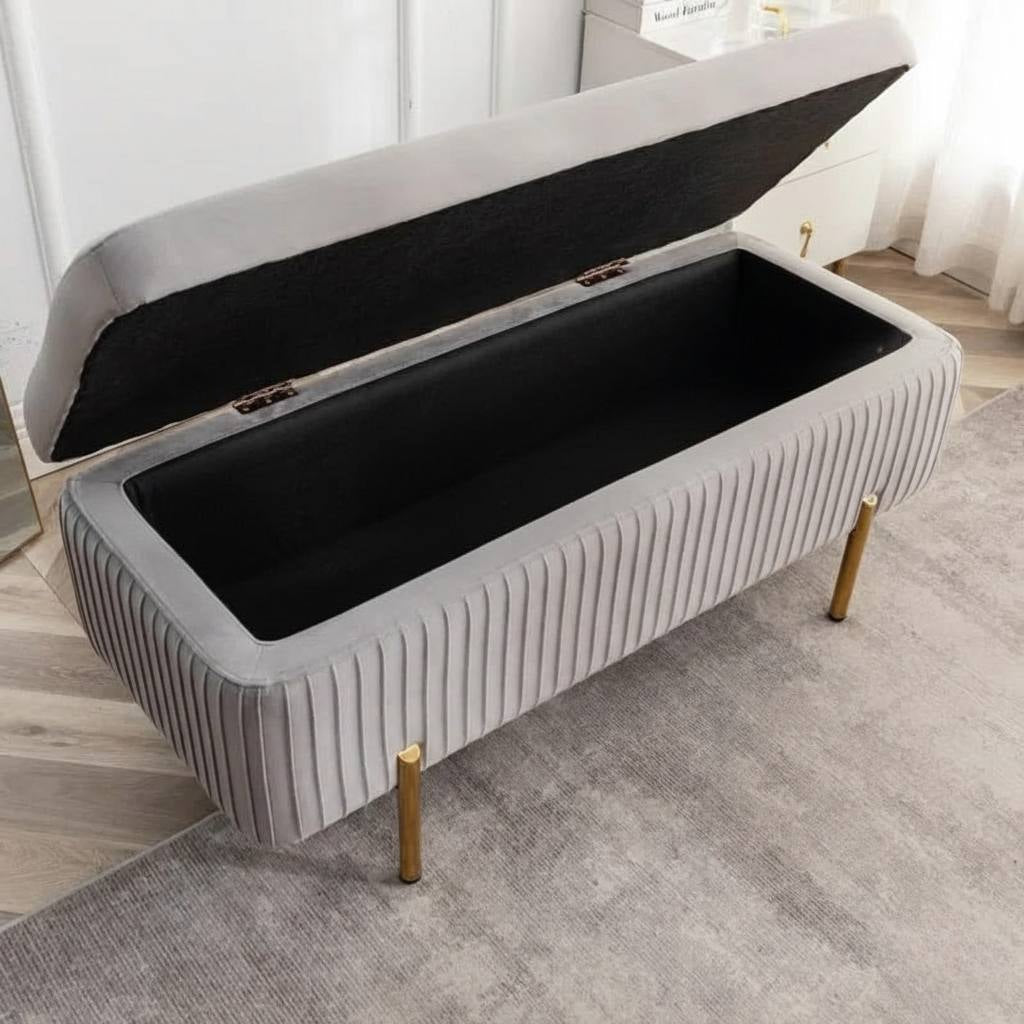 Designer Rich Grey Velvet Bench with Smart Storage Ottoman
