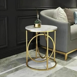 Modern White Marble Round Shaped Side Table with Golden Metallic Side