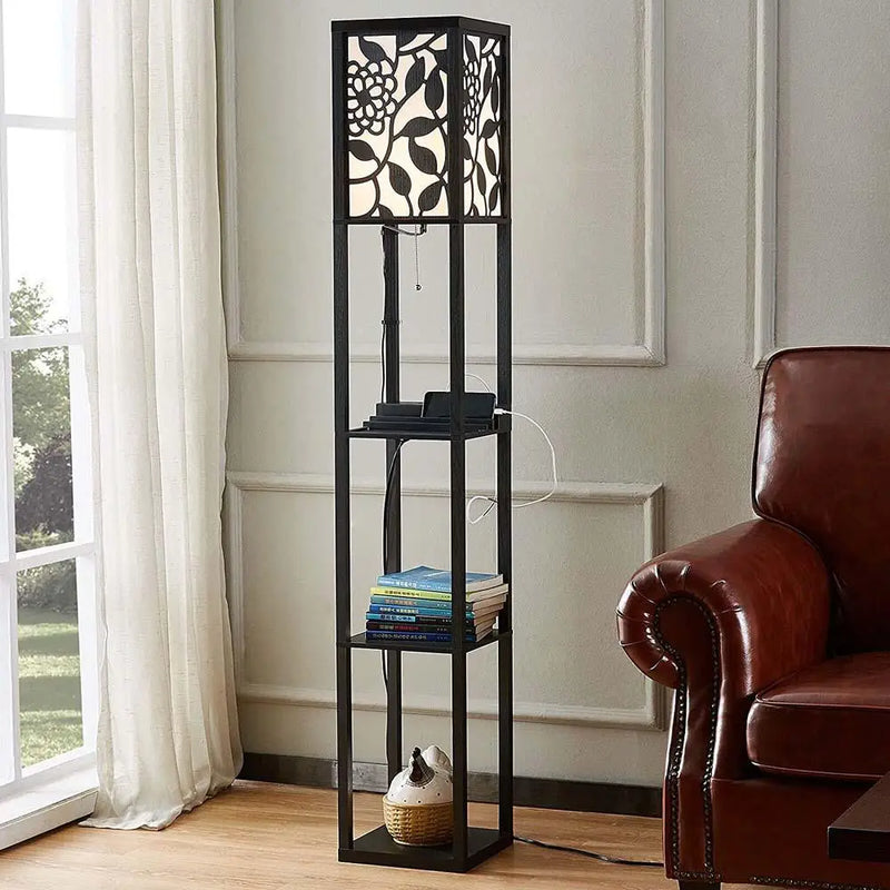 Modern Look Wooden Floor Lamp With Shelf For Living Room, Bedroom