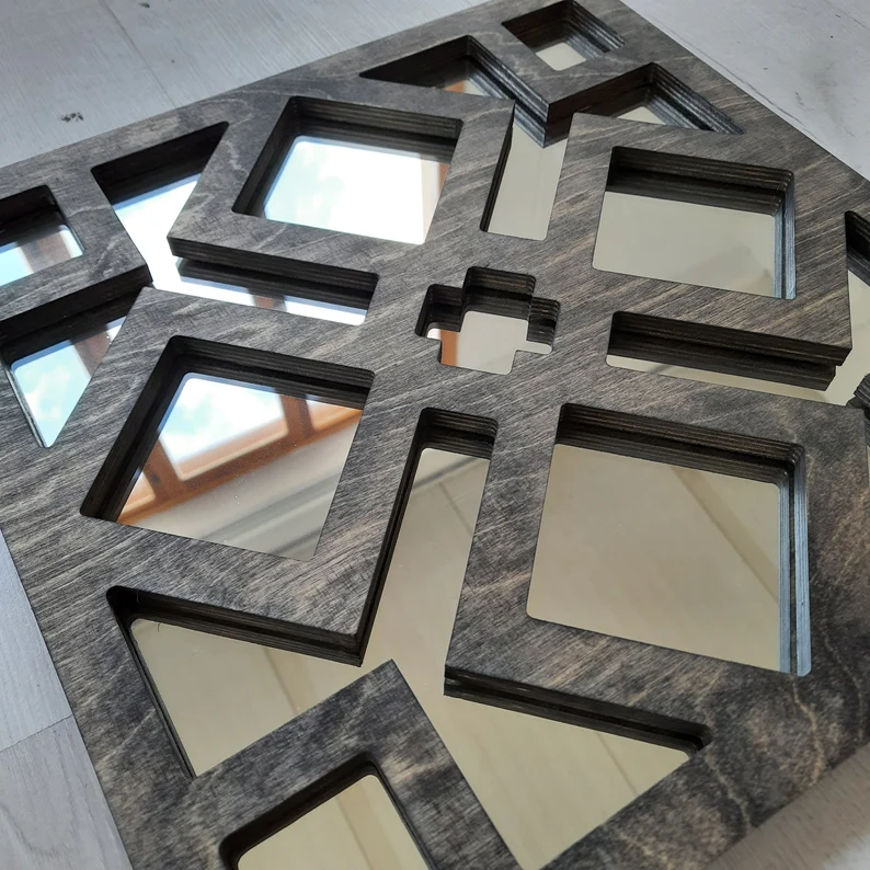 Wooden Geometric Mirror Set | 3-Piece Square Wall Décor