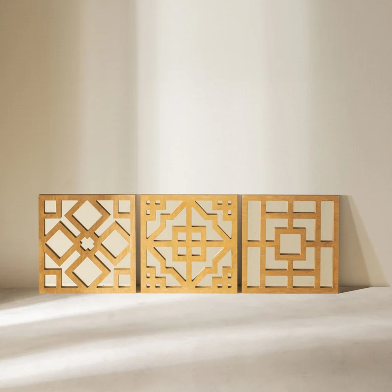 Wooden Geometric Mirror Set | 3-Piece Square Wall Décor